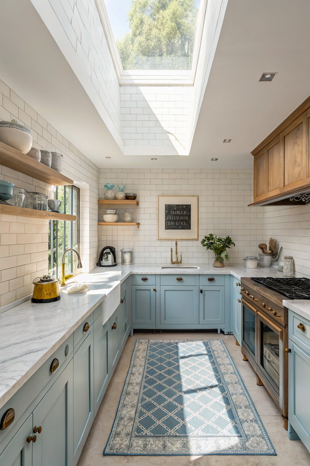 Kitchen featuring pale blue cabinets, white subway tile walls, marble counters, brass hardware, and skylight overhead