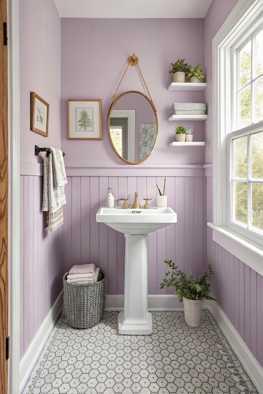 Small bathroom with soft lavender beadboard walls, white pedestal sink, round gold mirror, plants on shelves, woven basket, and black-and-white hex tile floor
