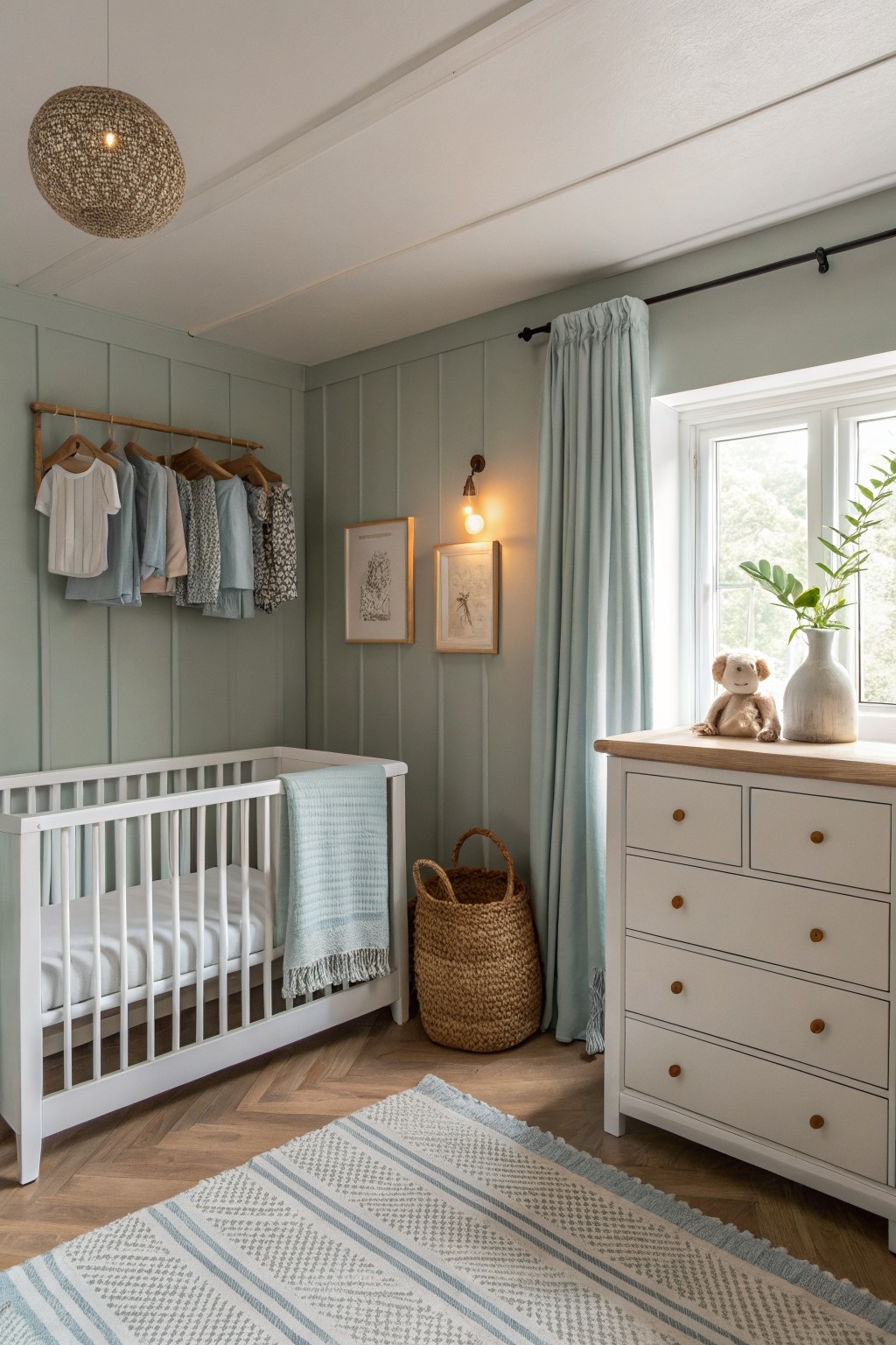 Cozy nursery featuring pale sage green shiplap walls, a white crib with blue blanket, wooden dresser, hanging baby clothes, and blue curtains by a window