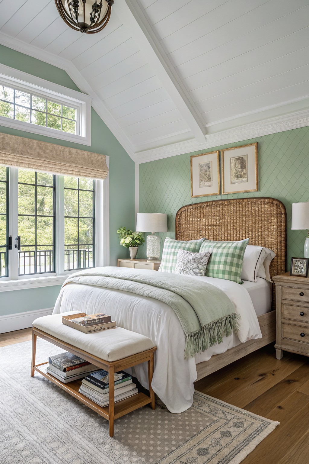 Bedroom interior featuring pale sage green walls with white shiplap ceiling, rattan headboard, and large windows with natural wood floors