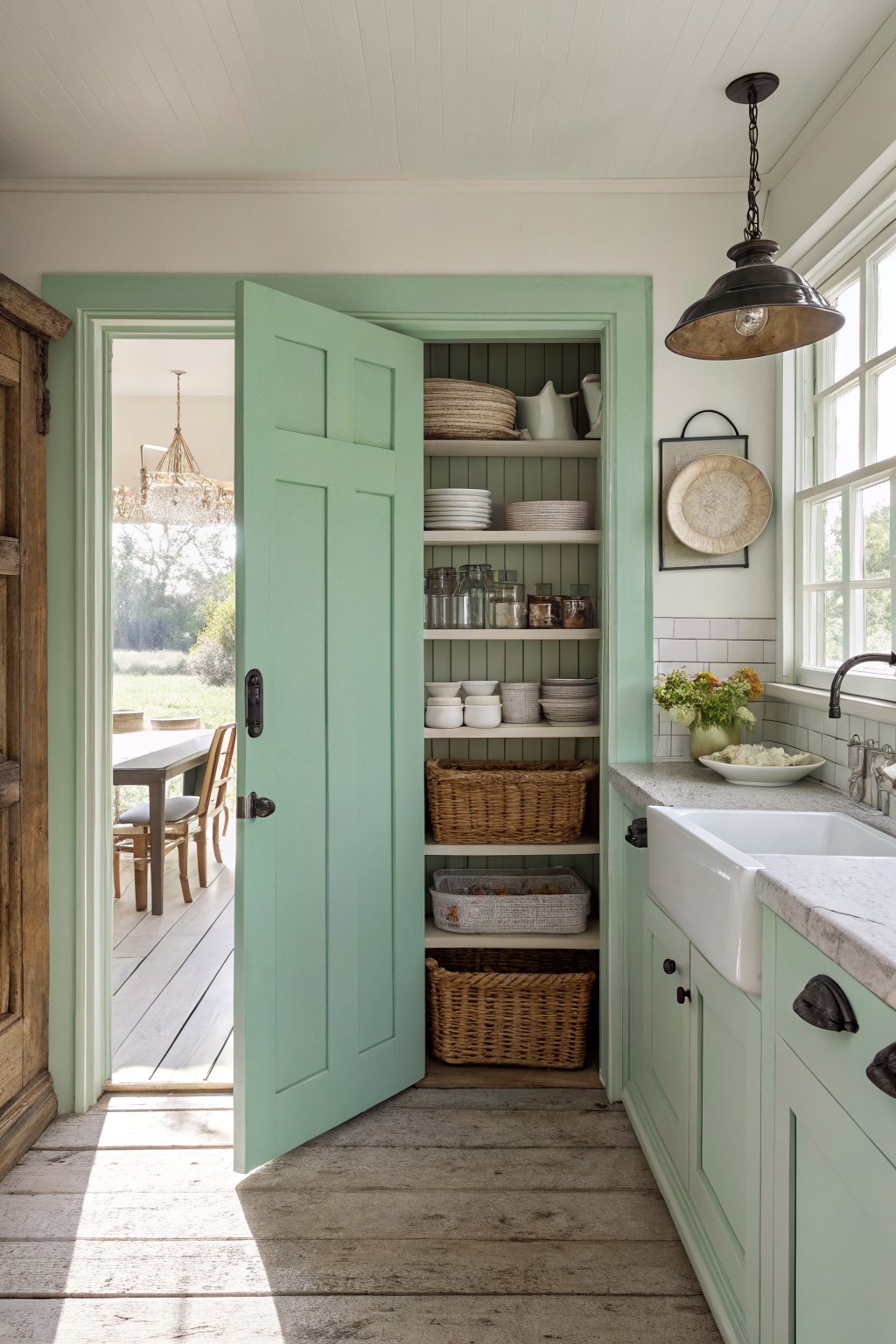 Open mint green pantry door in a farmhouse kitchen revealing stacked dishes and wicker baskets on shelves, next to white farmhouse sink with subway tile backsplash and view to outdoor porch