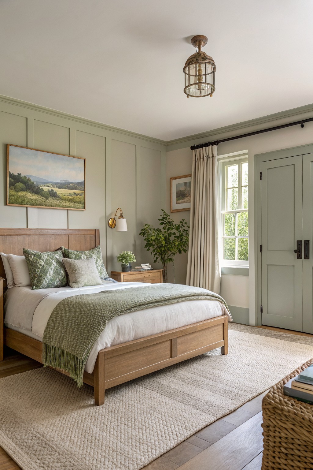 Bedroom with pale sage green paneled walls, wood bed, and neutral textiles for a fresh, calming look