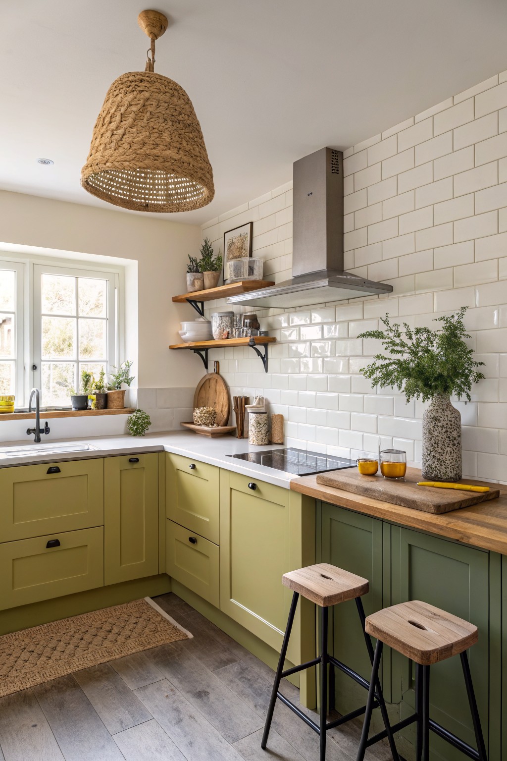 Sage green lower cabinets in a cozy kitchen with wooden butcher block island, bar stools, white subway tile, and rattan rug