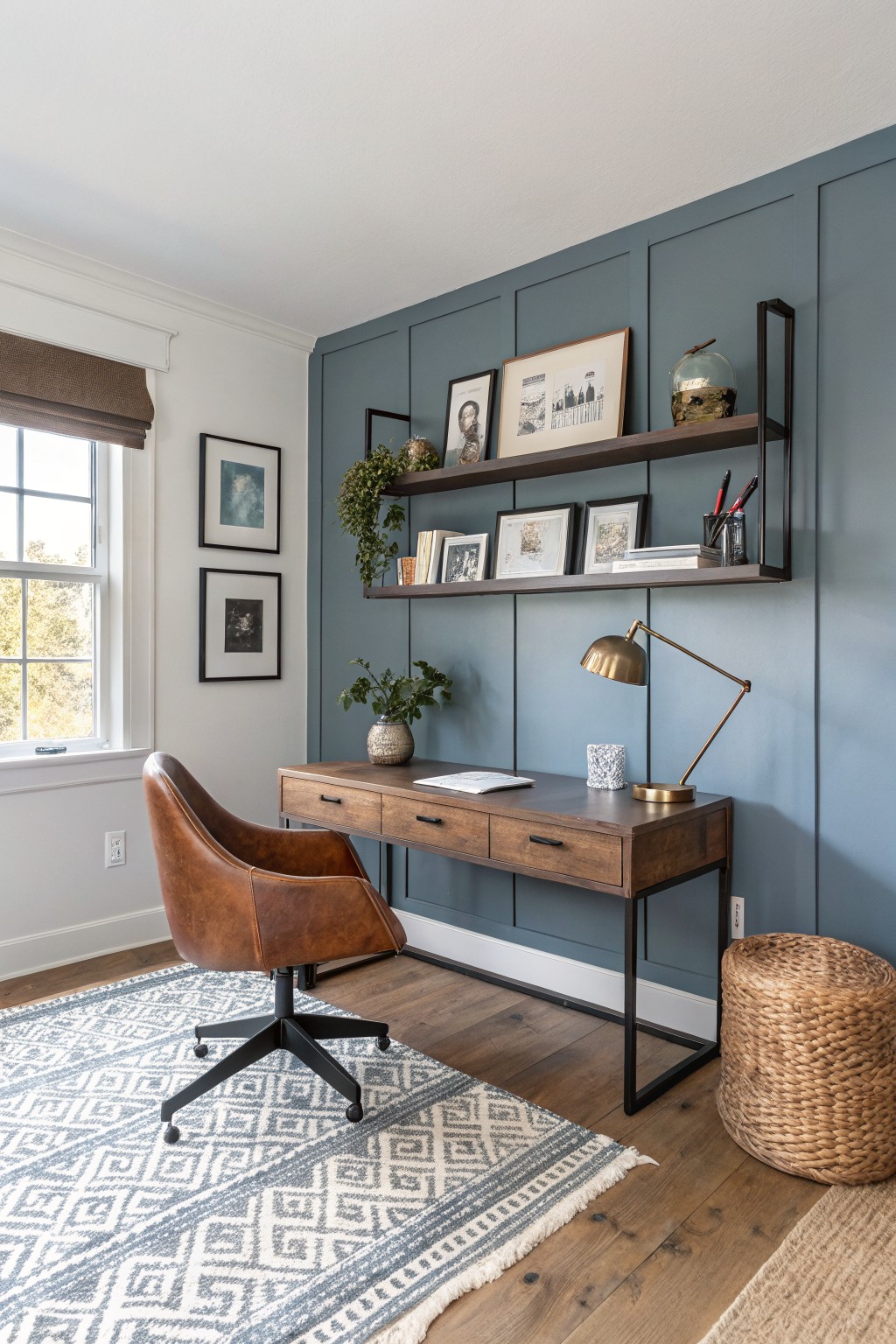 Home office featuring a blue-gray board-and-batten accent wall with floating shelves, wooden desk, tan leather chair, and woven rug on hardwood floors