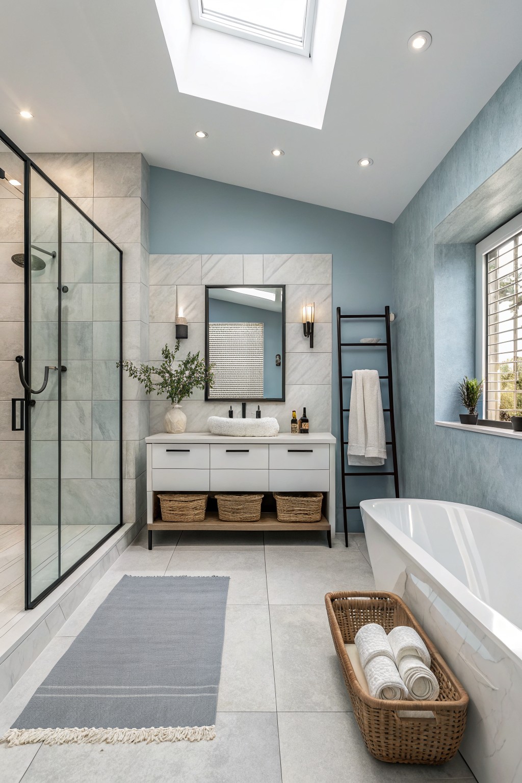 Modern bathroom featuring soft blue-gray textured walls, white freestanding tub, glass shower enclosure, wooden vanity with plants, and natural light from skylight