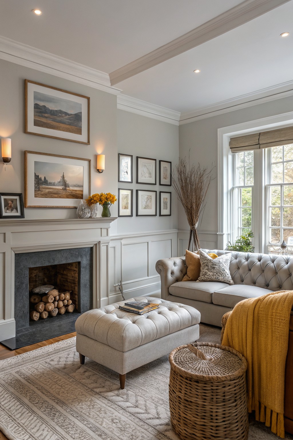 Cozy living room with soft greige walls, white trim, tufted gray sofa, wood fireplace, and yellow accents