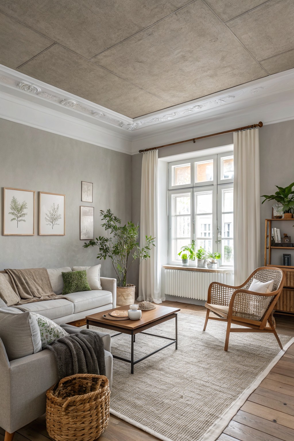 Living room with soft greige walls, neutral sofa, rattan chair, wood floors, and plants by the window
