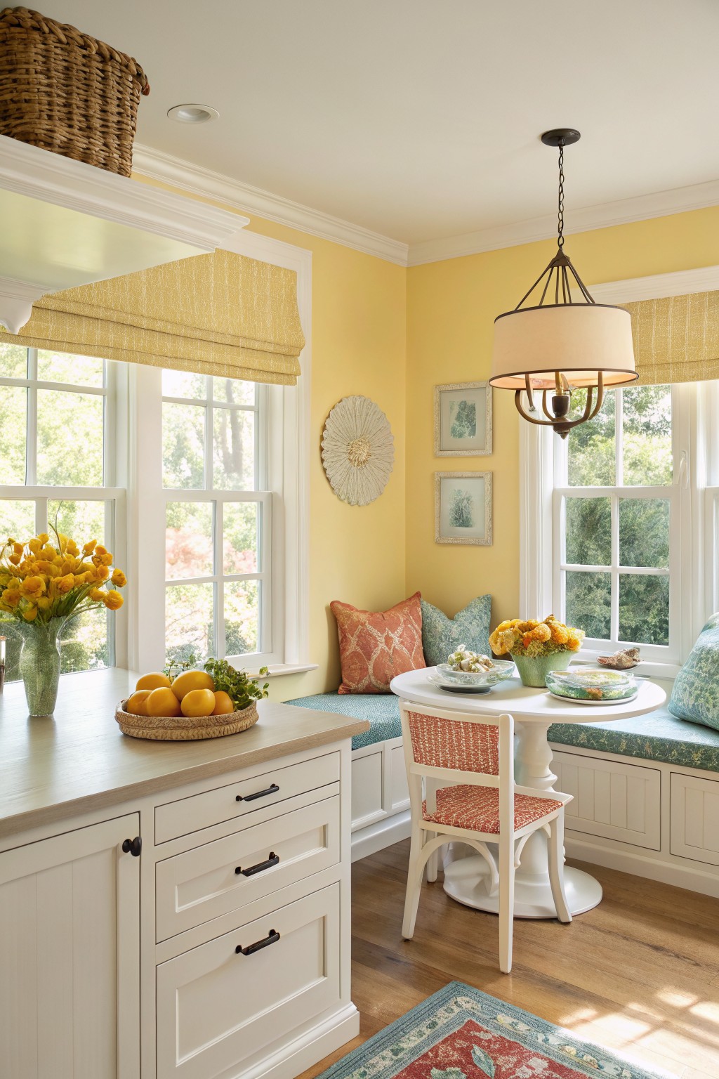 Bright kitchen nook with soft pale yellow walls, white cabinets, window seat cushions in orange and teal, and a small round table by the windows