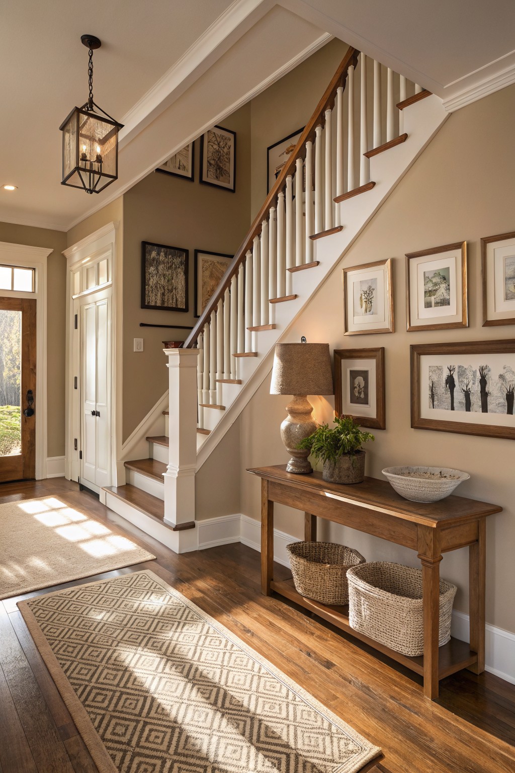 Cozy entryway featuring warm greige walls, white staircase with oak treads, wooden console table with baskets, and framed art gallery wall
