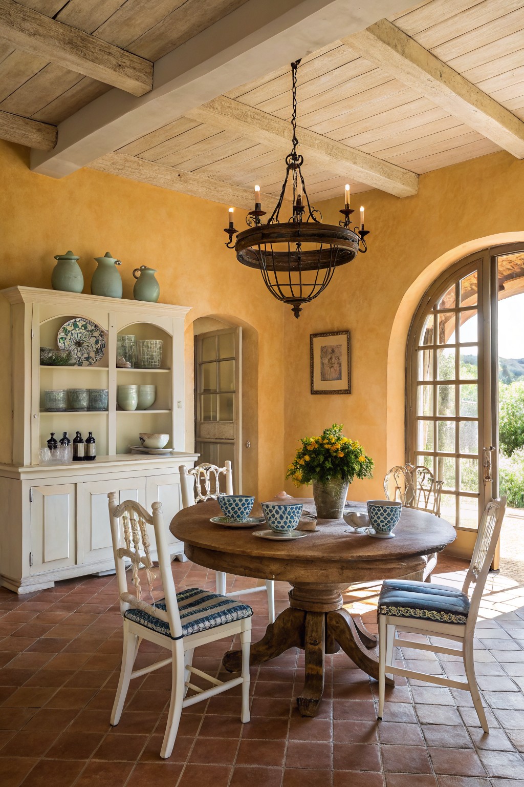 Dining room with warm ochre plaster walls, wooden table and chairs, antique chandelier, and arched doors to garden