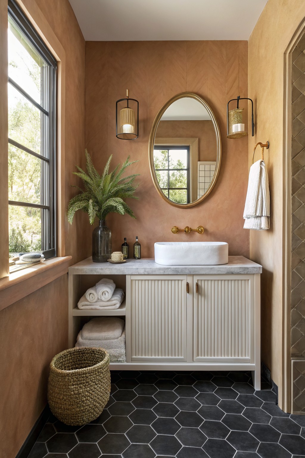 Cozy bathroom with warm terracotta plaster walls, oval mirror, white vessel sink on open vanity, black hexagonal floor tiles, potted fern, and woven basket.
