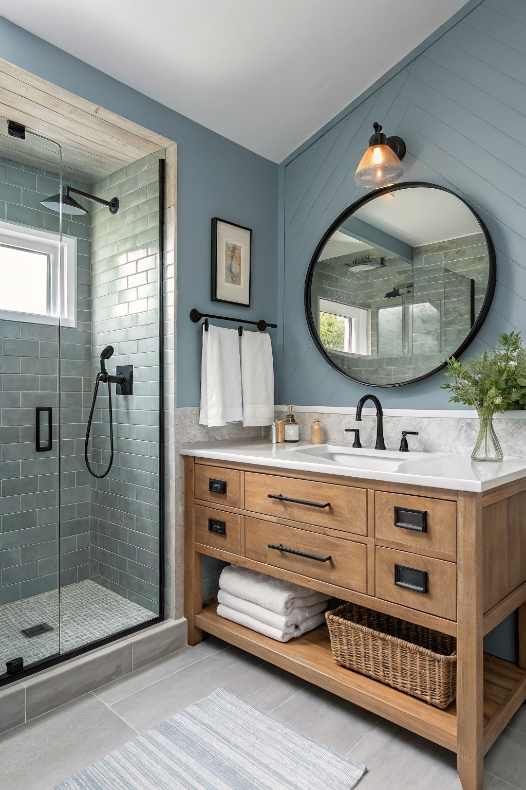 Modern bathroom featuring a wooden vanity, circular mirror, and blue tile shower.