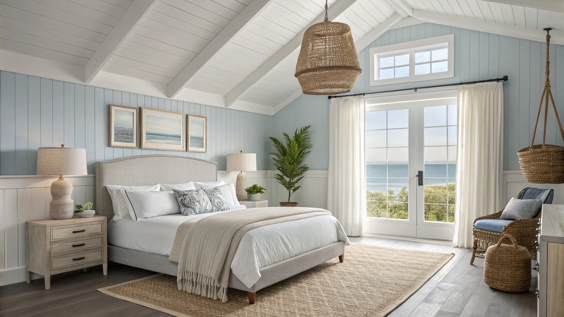 Bright and airy bedroom featuring soft blue walls, a cozy bed with white linens, and natural light streaming through large doors, complemented by woven decor.
