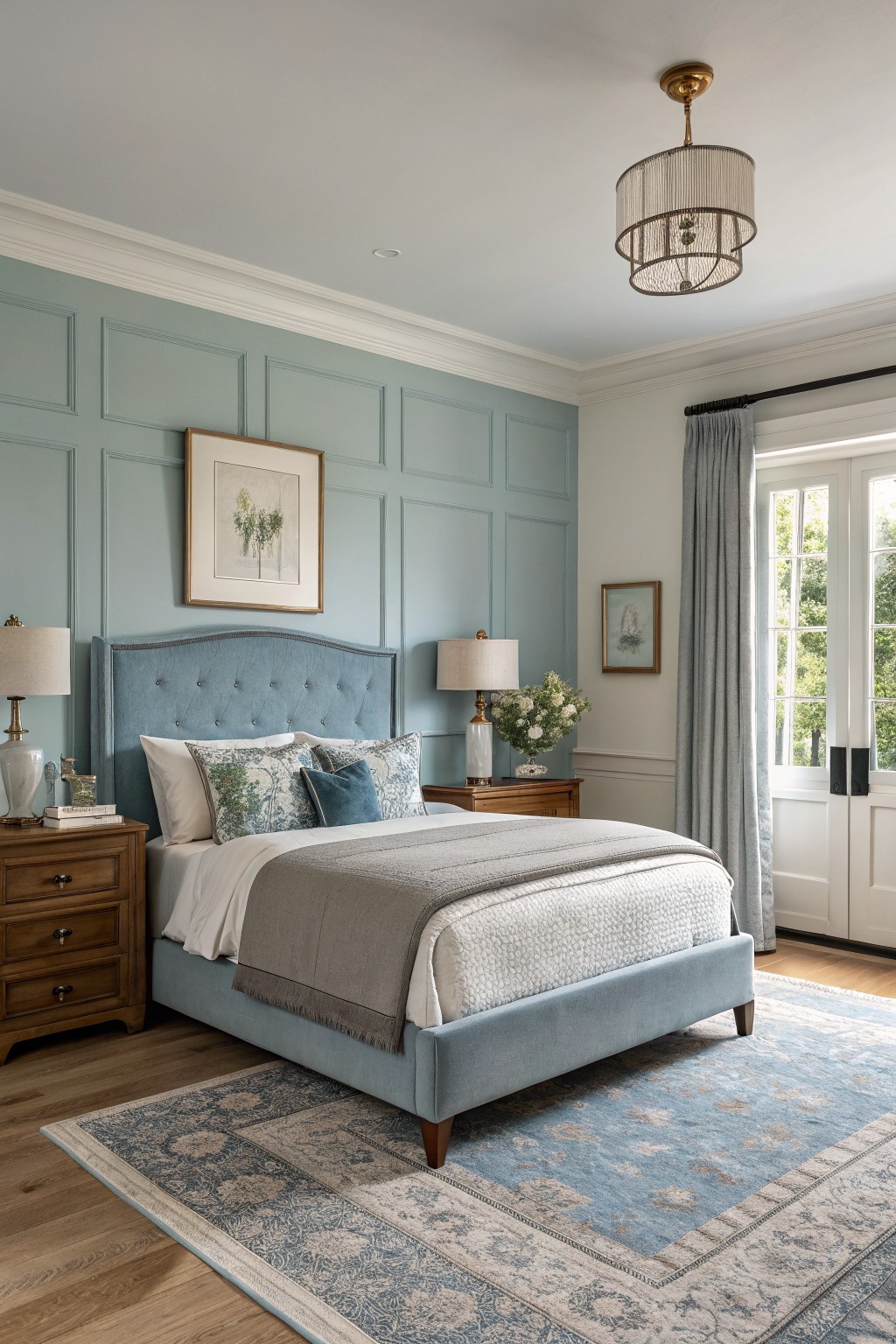 Light blue-green walls in a bedroom with wood floors and white trim.