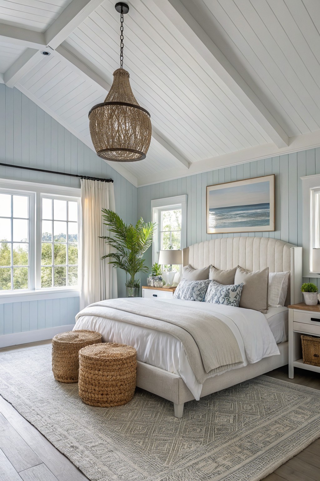 Bright bedroom featuring a bed, woven chandelier, plants, and decorative poufs in neutral tones.