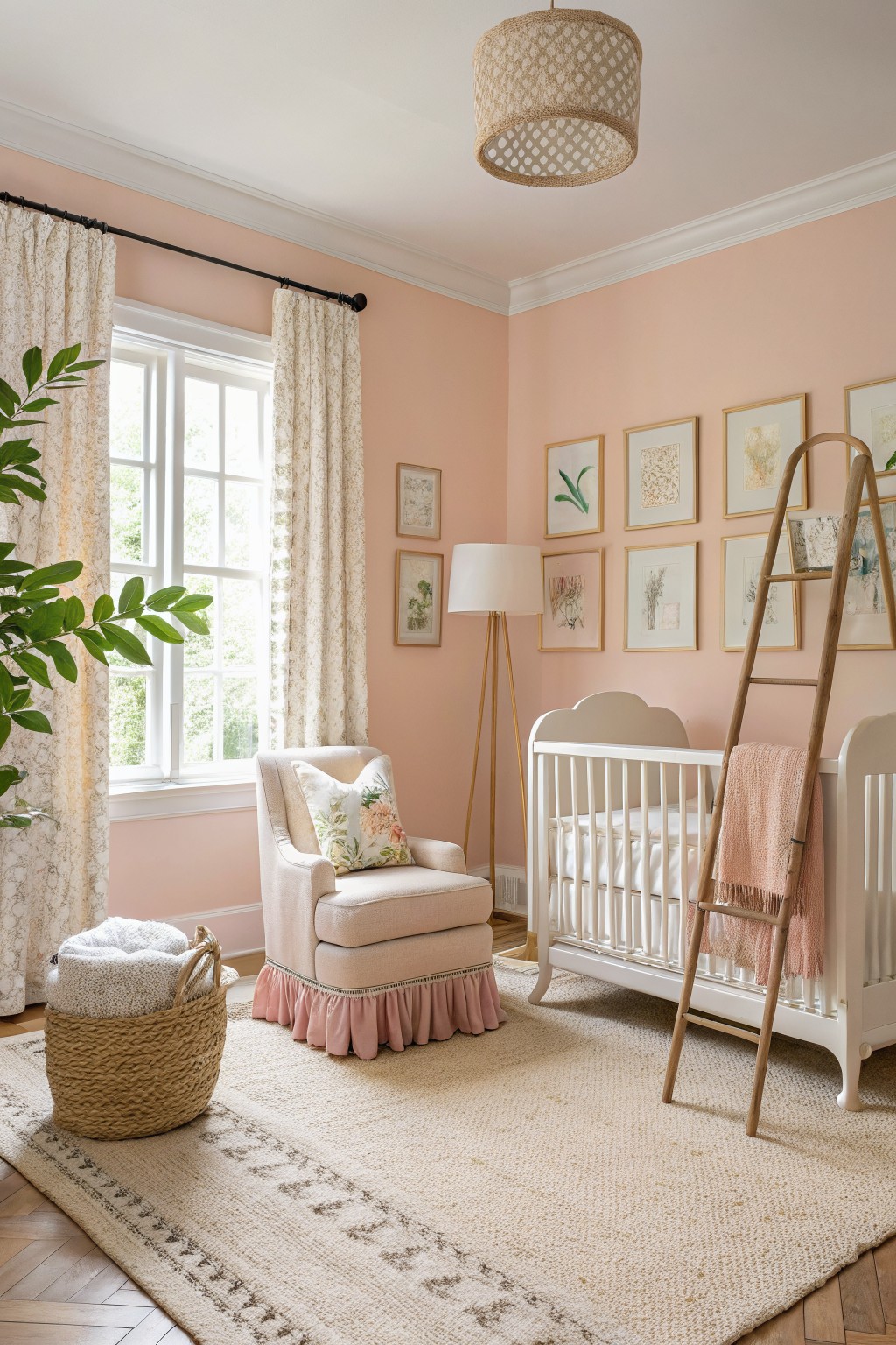 Cozy nursery with pink walls, crib, armchair, modern decor, and natural light.
