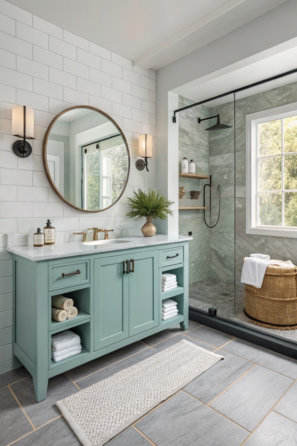Modern bathroom featuring a mint green vanity, round mirror, and glass shower enclosure.