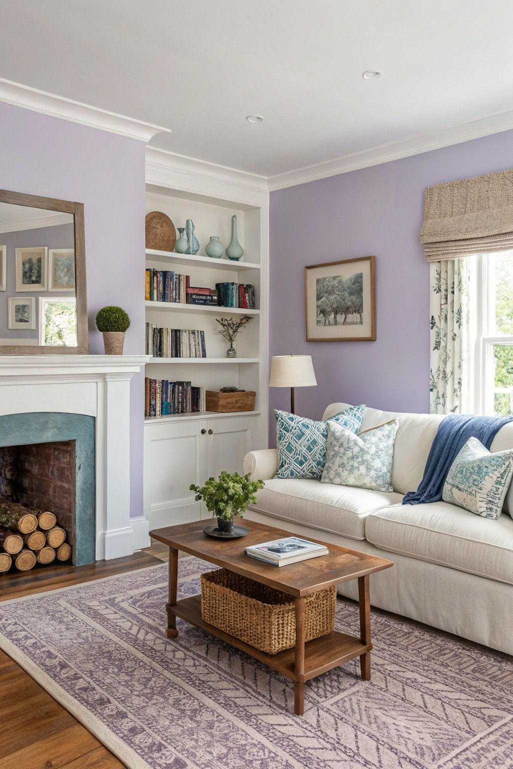 Soft lavender walls in a living room with white built-in shelves and fireplace.