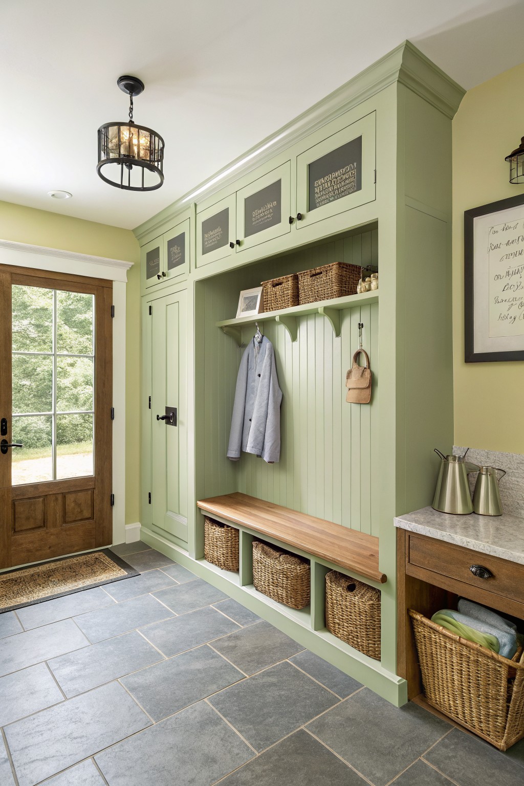 Built-in cabinetry painted in a soft sage green inside a home entryway.