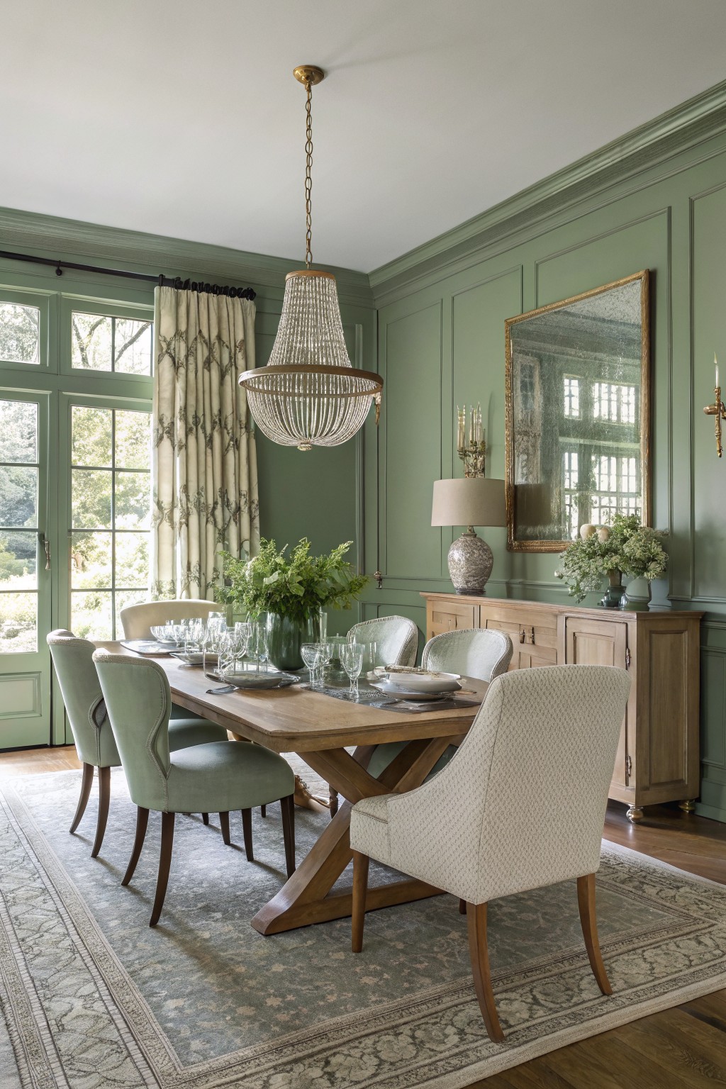 A dining room featuring soft sage green walls with wood furniture and natural light.
