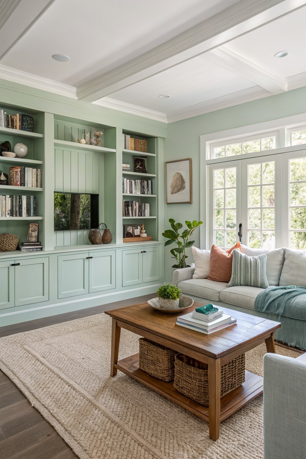 Modern living room with green walls, book shelves, light sofa, and wooden coffee table.