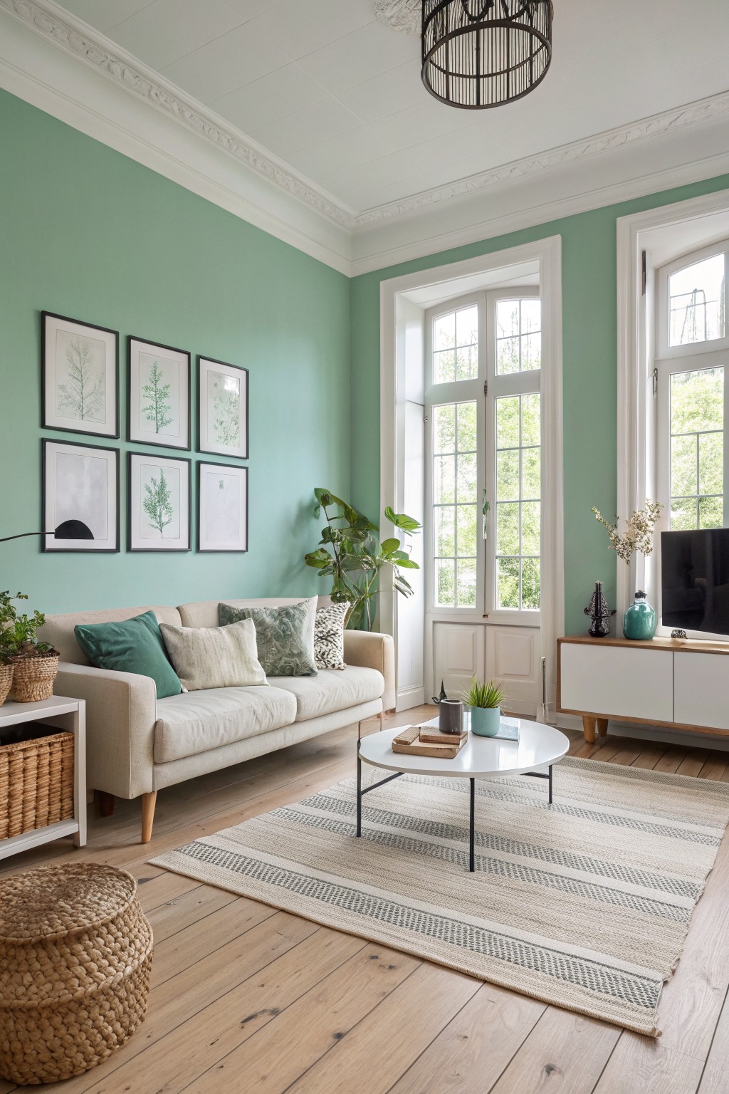Cozy living room with mint green walls, comfortable sofa, plants, and stylish decor.