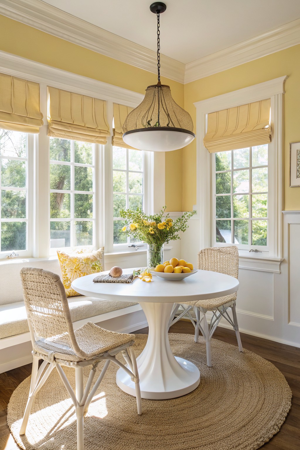 Soft yellow walls in a bright room with white trim and a round table.