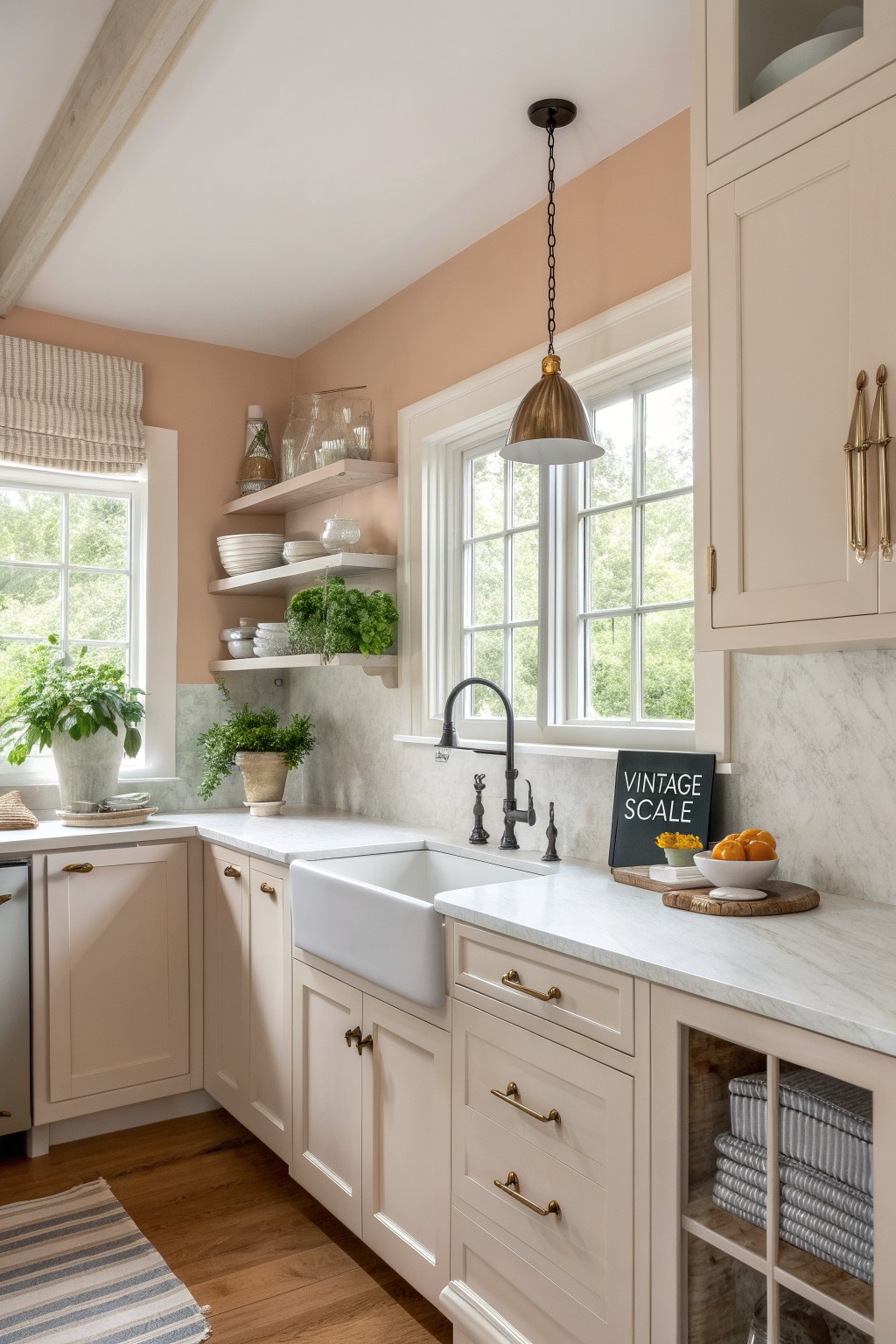 Soft peach walls in a bright kitchen with white cabinets and a farmhouse sink.