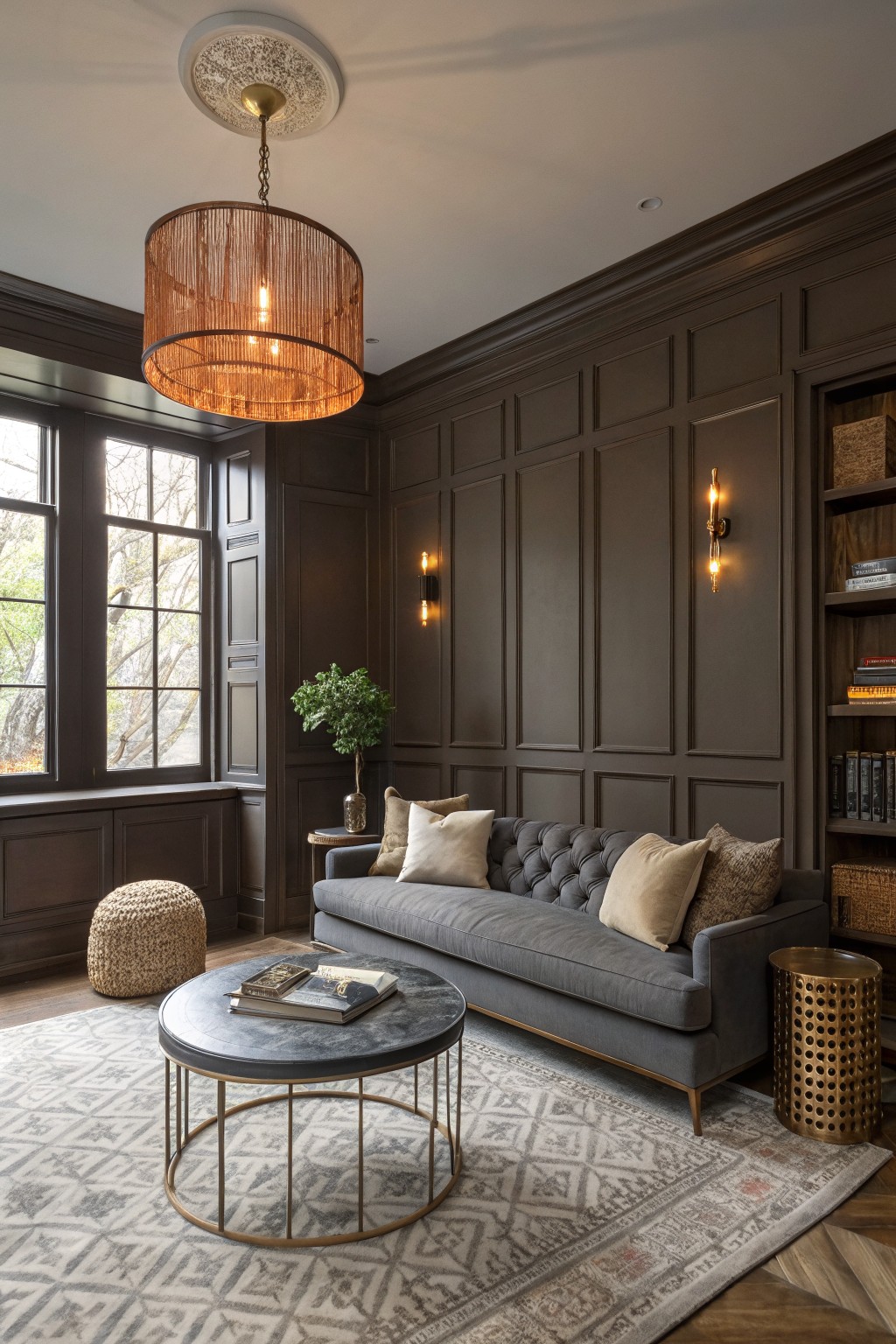 Dark brown paneled walls in a living room with a gray sofa and round coffee table.