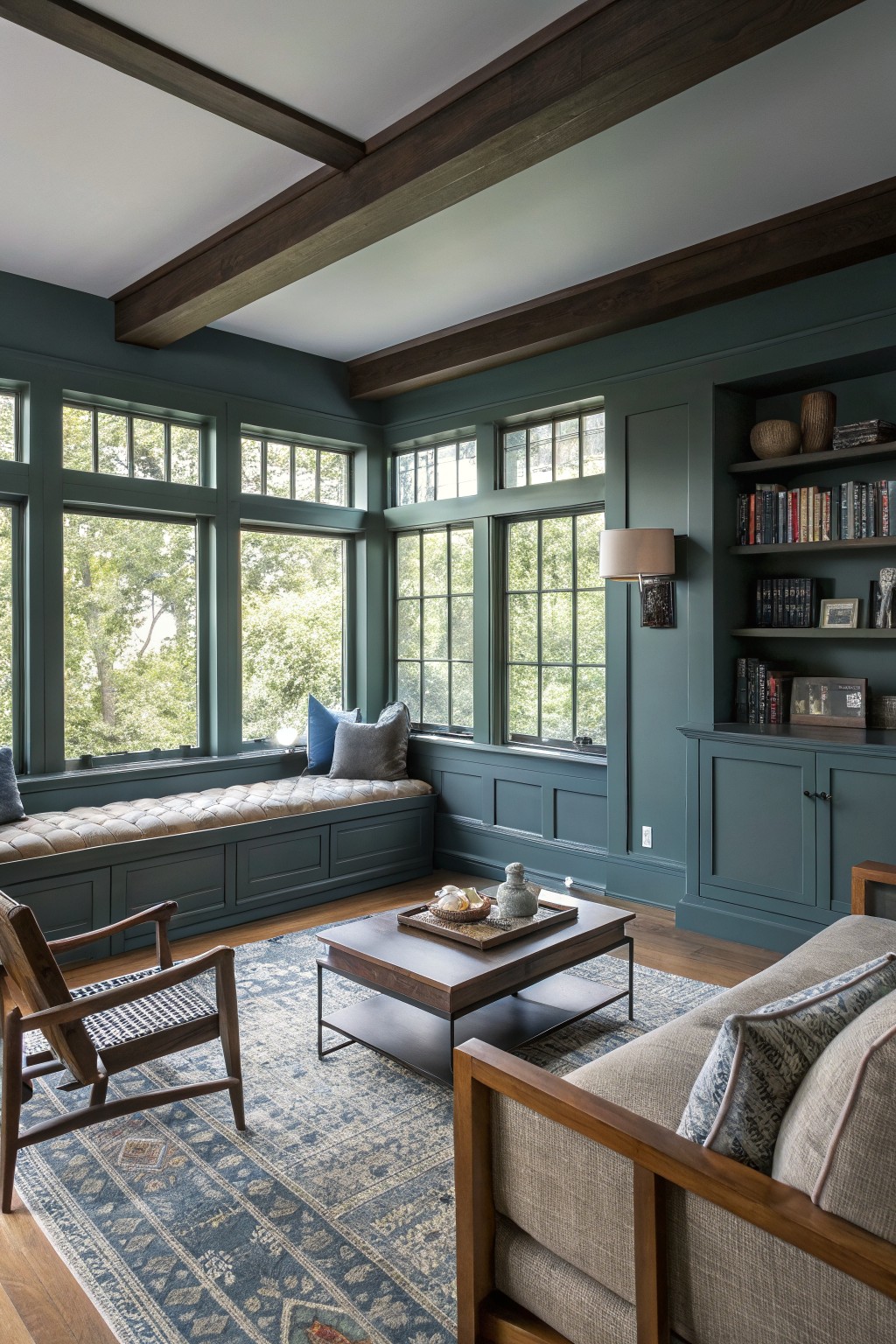 A living room with deep teal green walls and large windows.