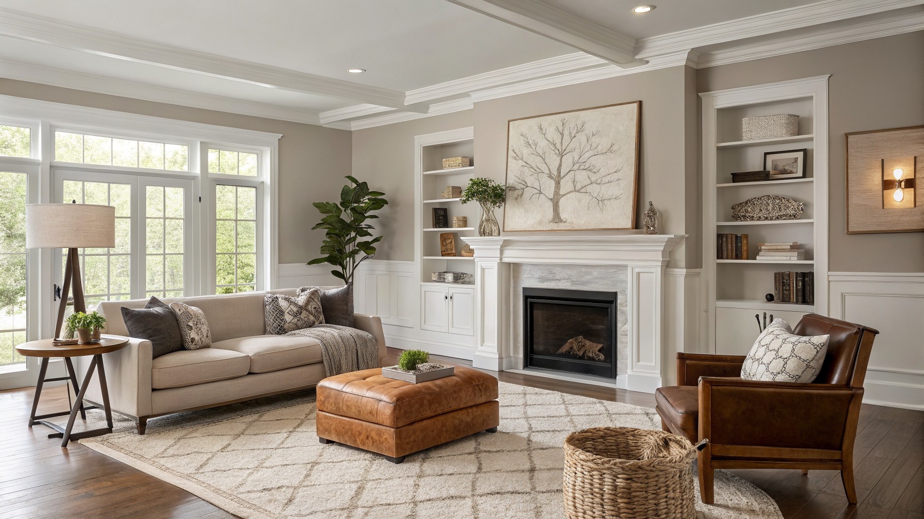 Light greige walls in a living room with white trim and a marble fireplace.