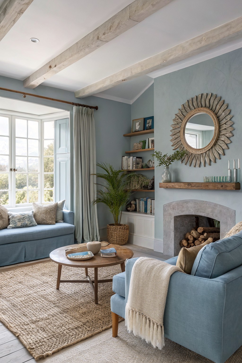 Light blue gray walls in a living room with wooden beams and a stone fireplace.