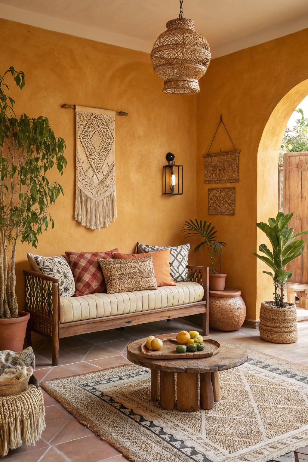 Warm ochre walls in a cozy living room with wood furniture and woven details.