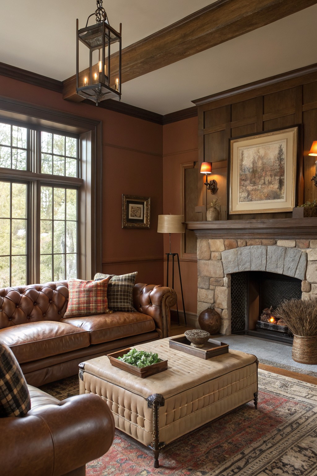 Living room walls painted in a warm terracotta shade next to wood paneling and a stone fireplace.