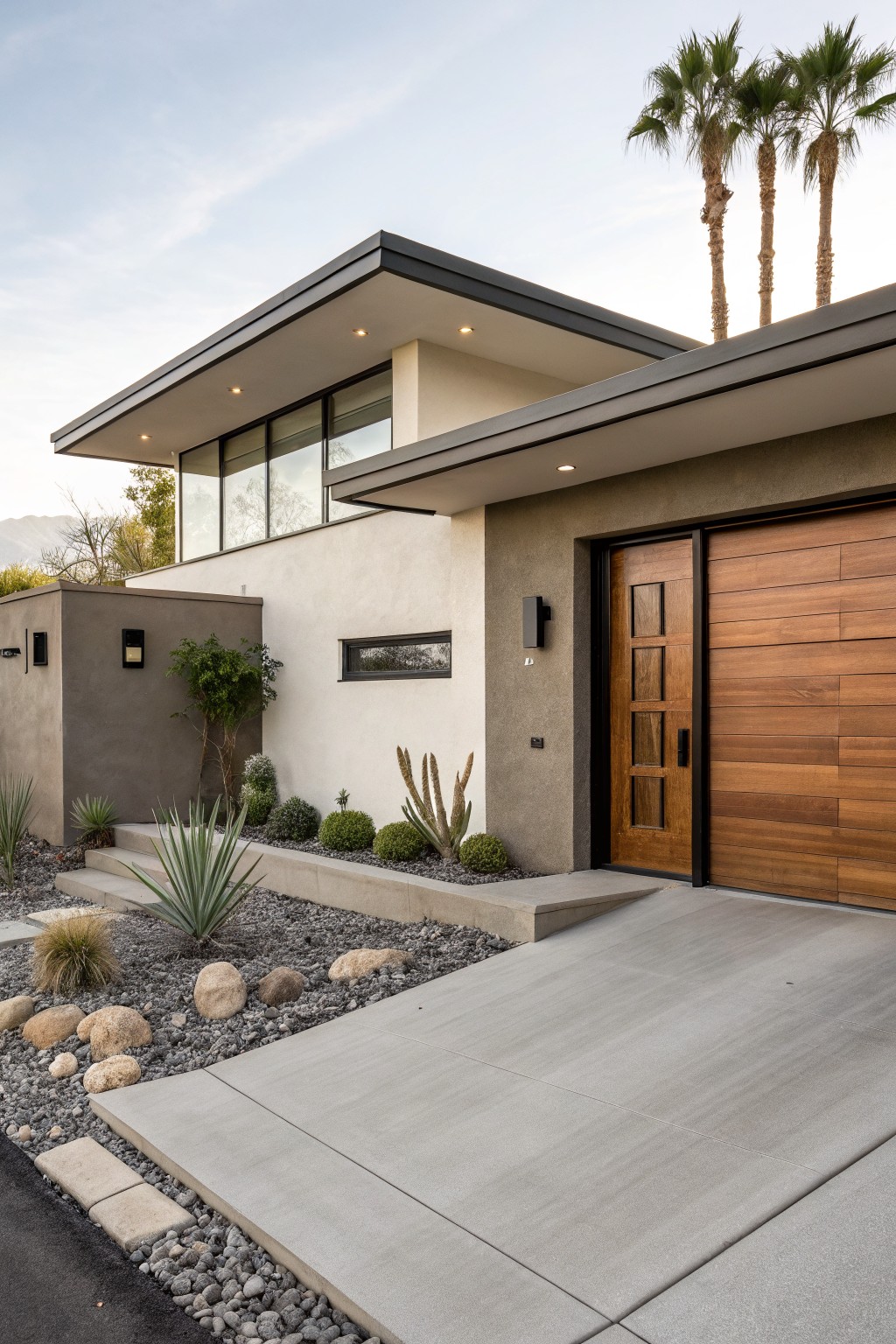 Modern house with soft greige stucco siding and a wooden garage door.