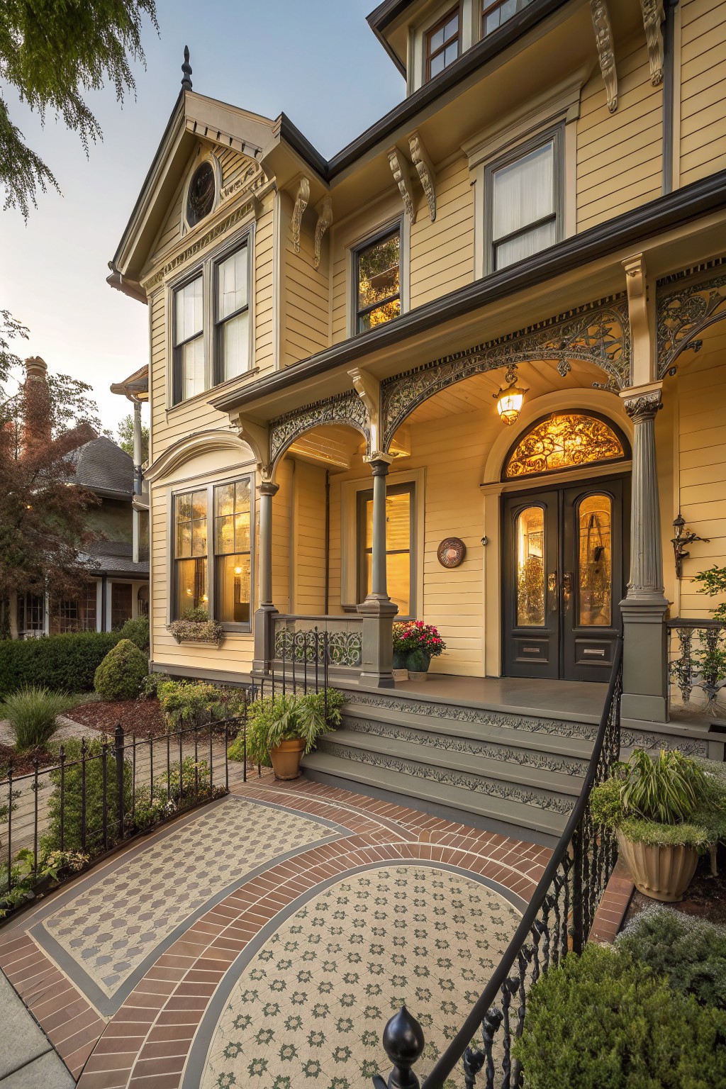A pale yellow house exterior with a covered porch and decorative trim.