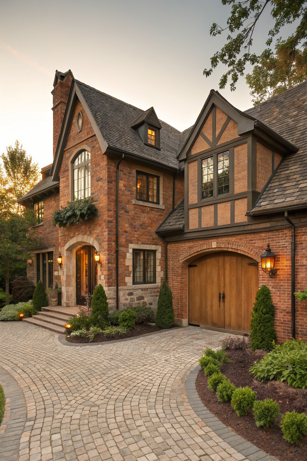 Brick house exterior with dark charcoal trim around the gables and windows.