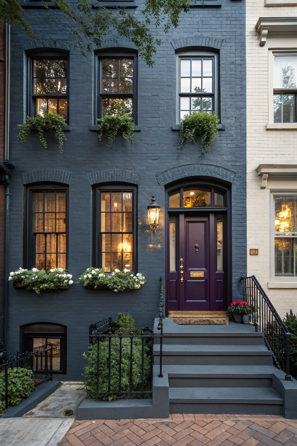 Dark charcoal gray brick exterior of a row house with black trim and steps.