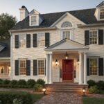 A two-story house with warm cream siding and black shutters.