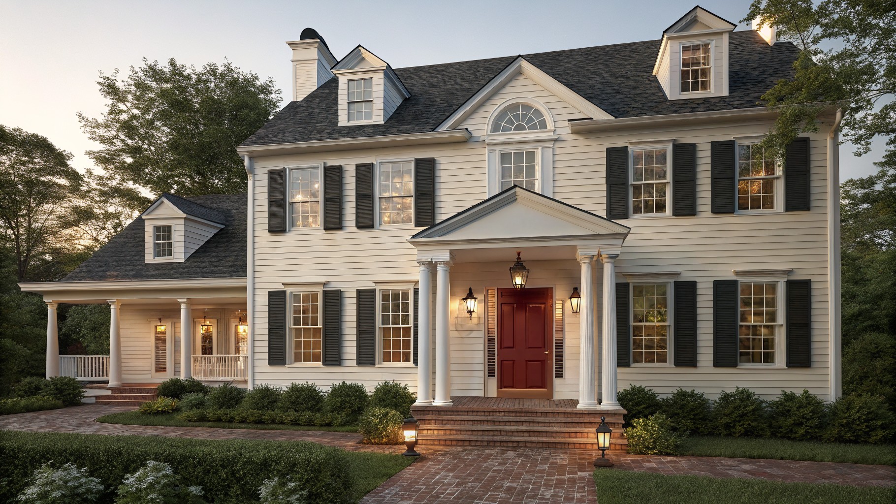 A two-story house with warm cream siding and black shutters.