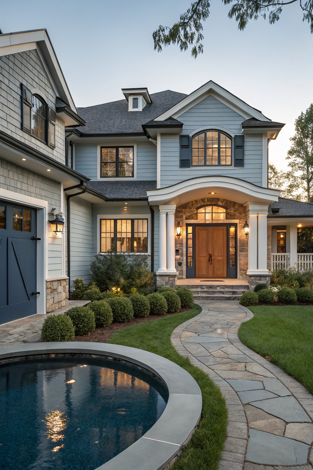 A house exterior with soft blue-gray siding and white trim.