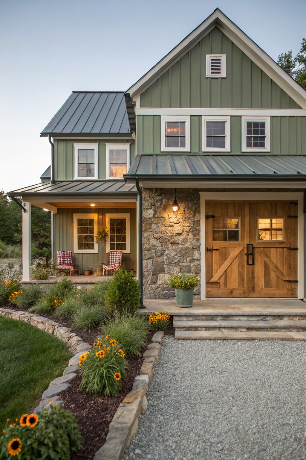 A house exterior painted in soft sage green siding with stone and wood accents.