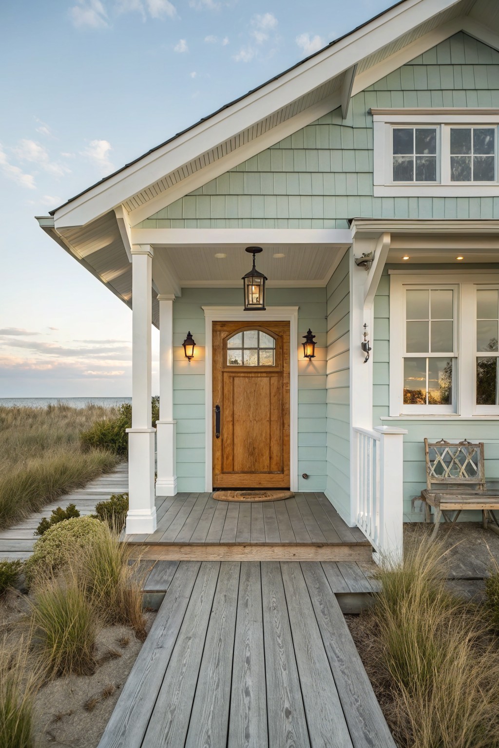 A house with soft sage green siding, white trim, and a wooden front door on a beachside porch.