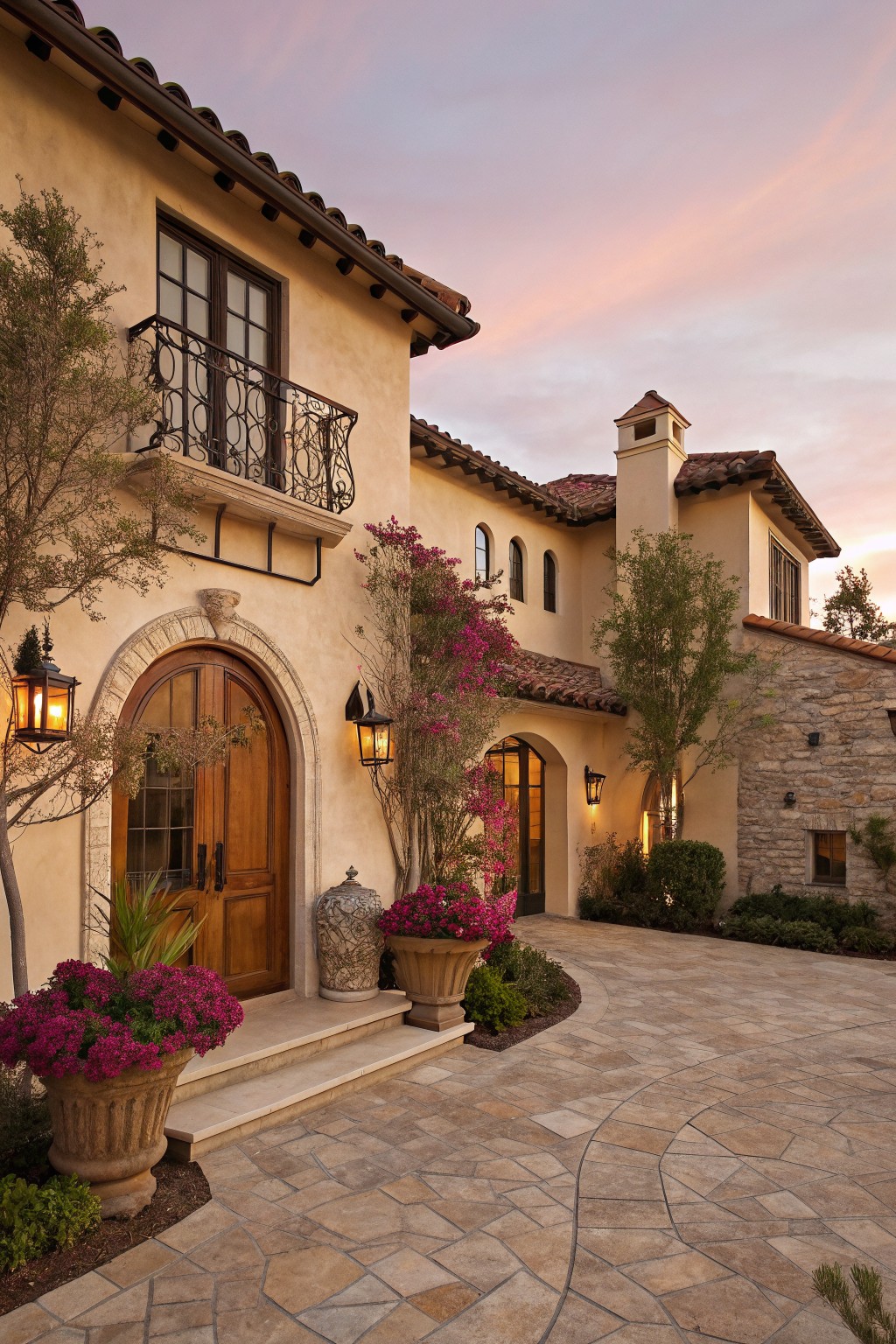 The house exterior features warm beige stucco walls with stone accents and a curved driveway.