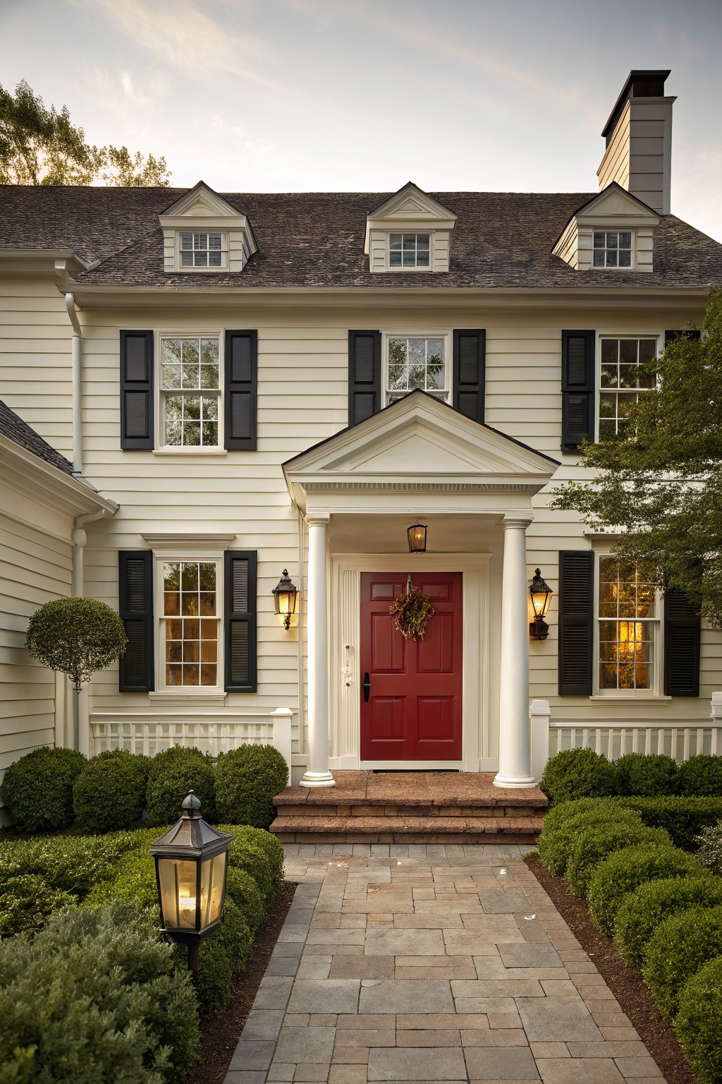 A two-story house with warm cream siding and black shutters.