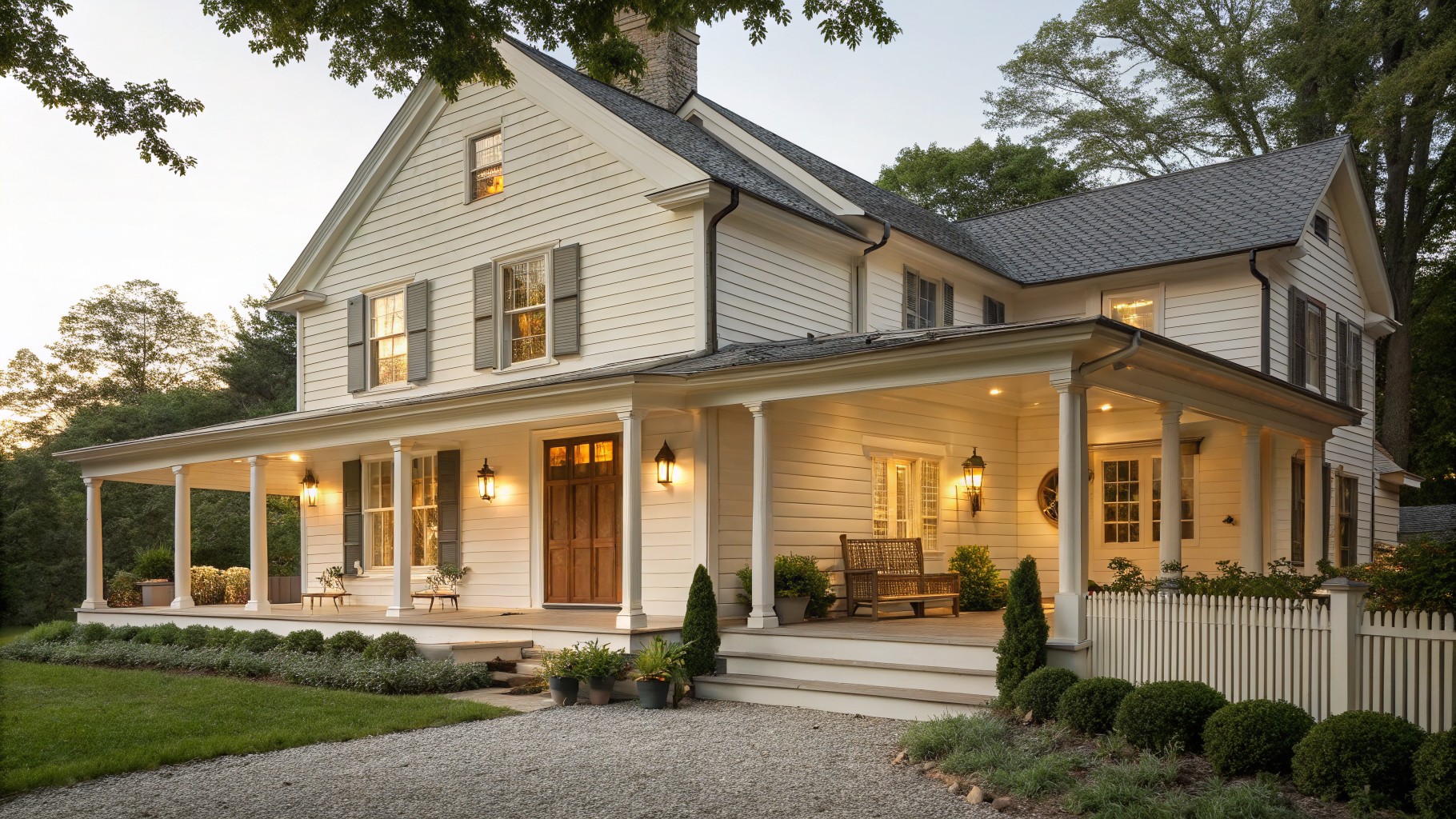 A two-story farmhouse with soft yellow siding and white trim around the porch.