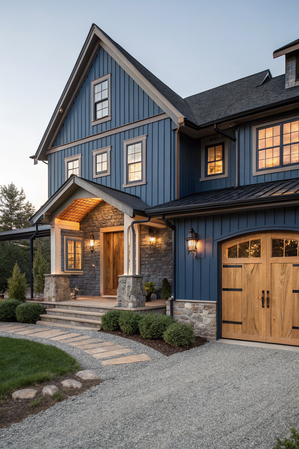 A rustic farmhouse exterior painted in muted blue siding with stone details.
