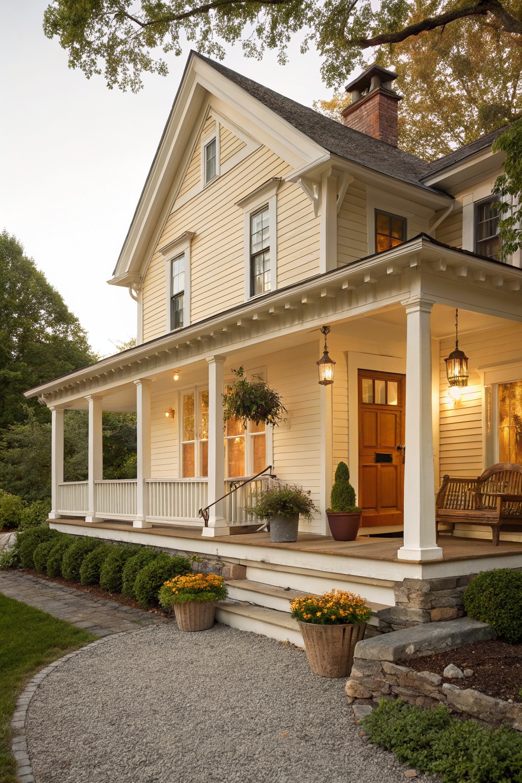 A two-story farmhouse with soft yellow siding and white trim around the porch.