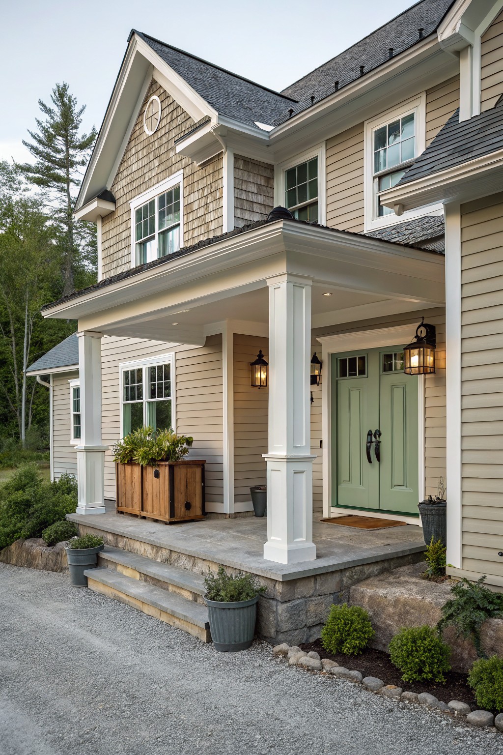 A farmhouse exterior painted in soft greige siding with white trim and columns.