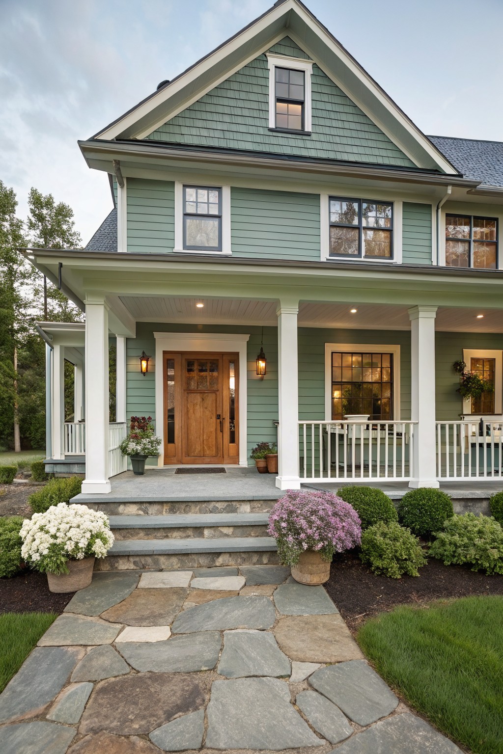 The house shows soft sage green siding with white trim and columns.